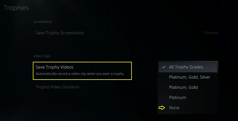 set option to save trophy videos to none