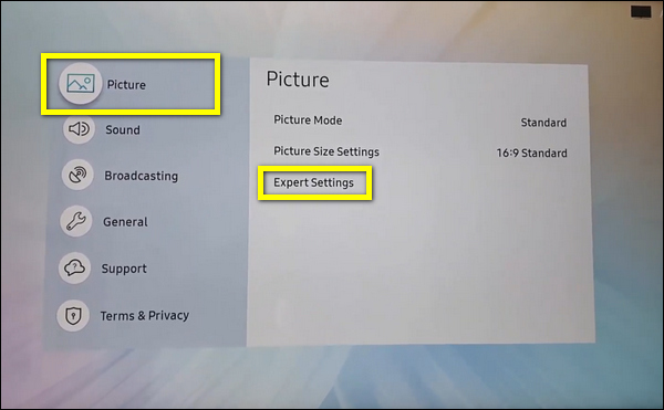 Navigate to Picture then select Expert Settings