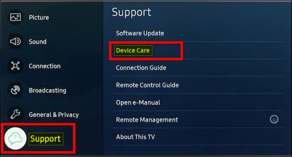 Navigate to Support then Device Care