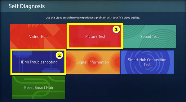 Select Picture Test first and HDMI Troubleshooting second