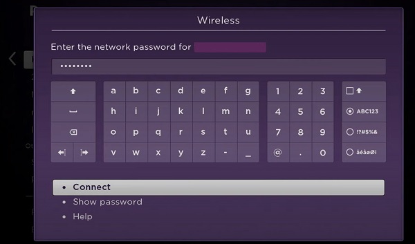 enter Wi-Fi password on Roku and connect