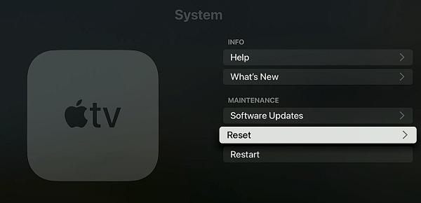 click on reset option on apple tv