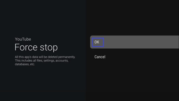 click ok to force stop app on Sony TV